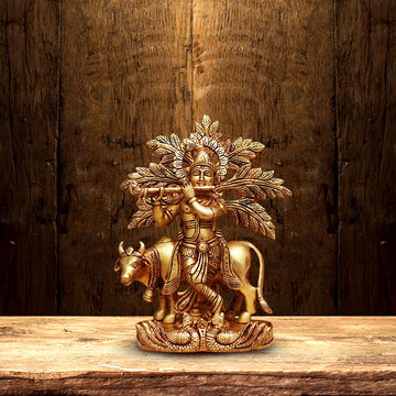 BRASS KRISHNA PLAYING FLUTE UNDER KALPAVRIKSHA WITH COW 9 INCHES