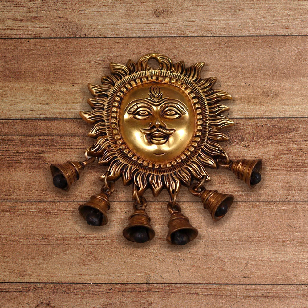 WALL HANGING BRASS SUN FACE WITH BELL HEIGHT 7.5 INCH