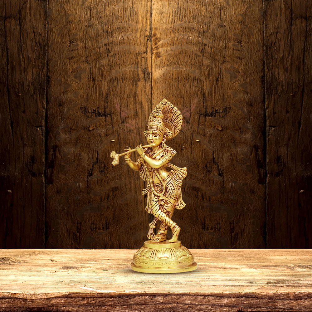 BRASS LORD KRISHNA PLAYING FLUTE IDOL 14.5 INCHES