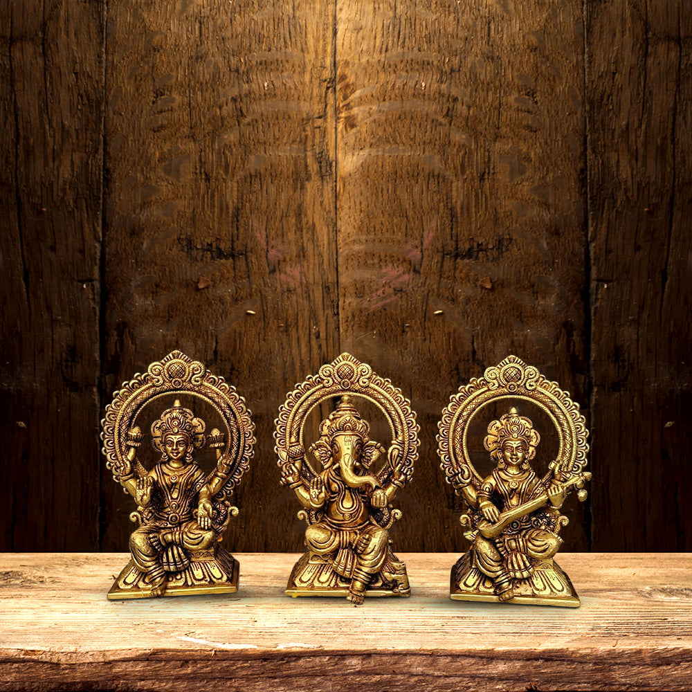 BRASS GANESHA LAXMI SARASWATI SET HEIGHT 9.5 INCH